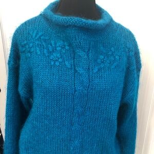 Designer Soft Cgunky Teal/ Azure Blue Embroidered Cottagecore Angora mohair Seea